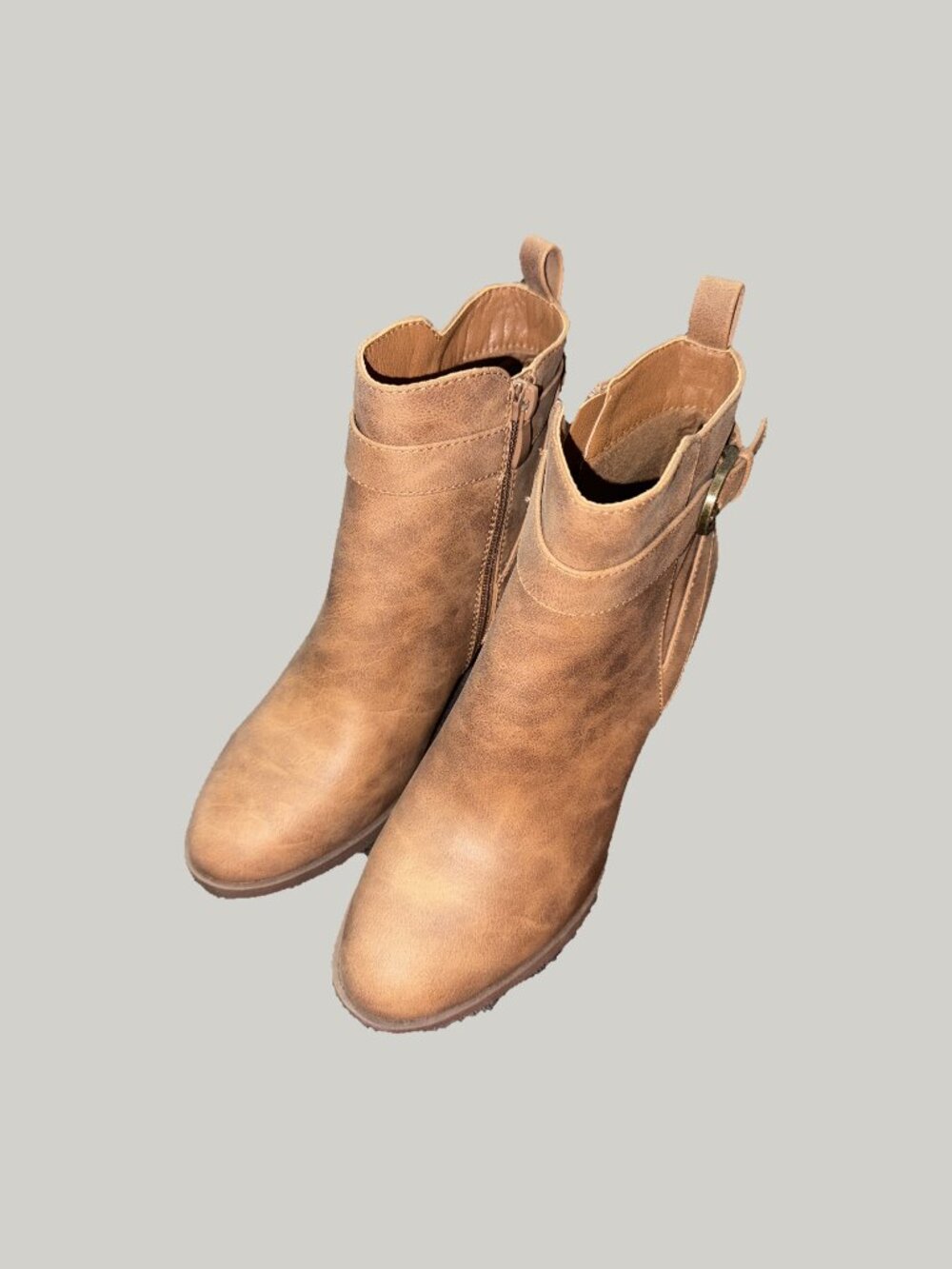 Dream Pairs Tan Cognac Faux Leather Block Heel Ankle Booties Women's 8 Buckle